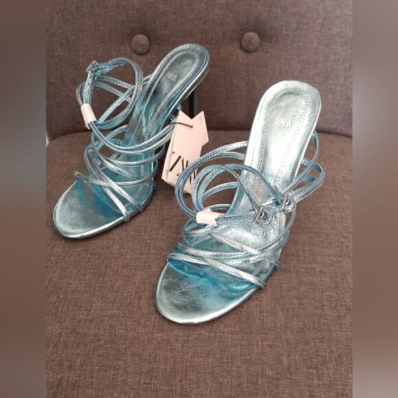 NWT Zara Metallic Blue Strappy Sandals - Picture 4 of 16